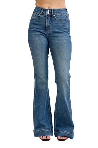 Judy Blue Womens Jeans - High Waisted Flare Tummy Control Double Button Wide Bootcut (11, Medium Blue)