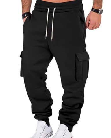 Wangdo Mens Cargo Sweatpants Heavyweight Elastic Waist Fleece Lined Joggers for Men with Pockets Baggy Drawstring Track Pants Black