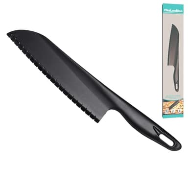 ChaLeeMoo 11" Nylon Knife for Nonstick Pans, Plastic Serrated Kitchen Cutter to Cut Cake Brownie Pie Lasagna or Various Veggies and Fruits, Non-Metal Salad or Lettuce Knife, Black