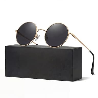 tanmigot Retro Round Sunglasses for Men Women,Polarized UV400 Protection Sunglasses, Vintage Hippie Circle Sun Glasses for Daily Outfits Driving Beach Travel, Golden Frame Black Lenses