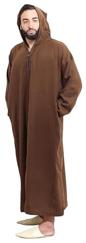 Moroccan Men Djellaba with Hood – Handmade Winter Jellaba Cotton Kaftan with Delicate Embroidery, Caftan Fits L–XL (Chocolote)