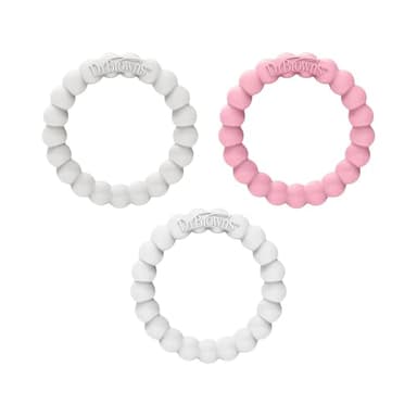 Dr. Brown's Flexees Teether Rings, 100% Silicone, Soft and Easy to Hold, Encourages Self-Soothe, 3 Pack, Pink, White, Gray, BPA Free, 3m+