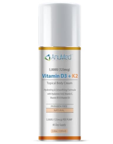 AnuMed Vitamin D3 K2 5,000 IU Cream with Magnesium, Hyaluronic Acid, Vitamin E. Best Moisturizer for Dry Skin. Promotes The Immune System, Strong Bones, Muscles, and Joints (Packaging May Vary) (3oz)