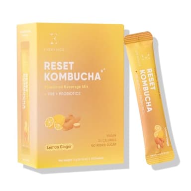 Everydaze Reset Kombucha Tea Powdered Beverage Mix | 10 Sticks | Prebiotics + Probiotics | Vegan | No Added Sugar, Gluten Free, Sparkling Powder Drink Pack (Lemon Ginger)