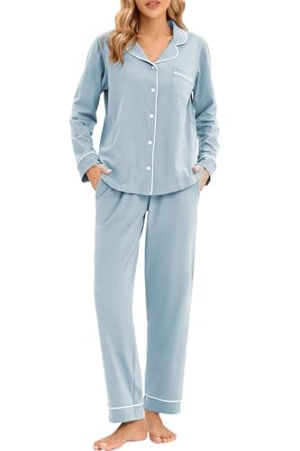 LUBOT 100% Cotton Pajama Set for Women PJ Set Long Sleeve Button-Down Shirt Two-piece Set Warm Night Suit Sleepwear Loungewear (Baby Blue, M)
