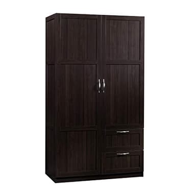 Sauder Select Multipurpose Bedroom Armoire Wardrobe Closet Pantry Storage Cabinet with Storage Drawers and Hanging Rail, in Cinnamon Cherry