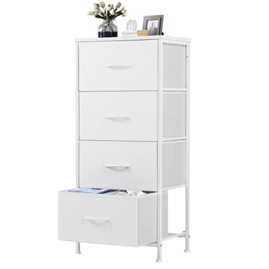 DUMOS Nightstand with 4 Drawers Bedside Table with Removable Fabric Bins Sturdy Steel Frame Wood Top Organizer Furniture for Bedroom Closet Living Room