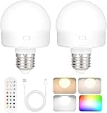 Rechargeable Battery Operated Light Bulb with Remote Control 2 Packs, 350LM Dimmable Detachable LED Bulb with 15 Colors Selectable & 3 Timer, Wireless Puck Light Bulb for Wall Sconce, Non-Hardwired