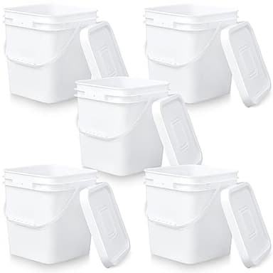 Mumufy 5 Pcs 3.5 Gallon Square Food Grade Bucket with Lid Square Bucket Pail with Plastic Handles for Storing Dry Food, Charcoal, Camping, Fishing (White)
