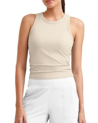 G4Free Gym Tops for Women Athletic Tank Ribbed Lightweight Workout Camisole Stretchy Slim Fit Racerback Yoga Summer Shirt (Light Khaki,M)