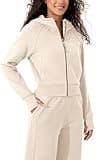 ODODOS Full-Zip Cropped Hoodies for Women Fleece Lined Long Sleeve Crop Sweatshirts with Thumb Hole, Cream, Small