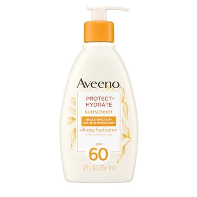 Aveeno Protect + Hydrate Sunscreen Moisturizing Lotion with Prebiotic Oat, Broad Spectrum SPF60, Paraben, & Oil Free, Weightless, Water & Sweat Resistant (80-min) for Sensitive Skin, 12 Fl Oz