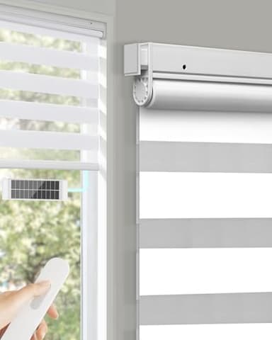 LICHTDIM24 No Drill Motorized Zebra Blinds with Remote,Cordless Shades Dual Layer,Thermal Insulated Upgraded Shades(White,34.5" W x 72" H)