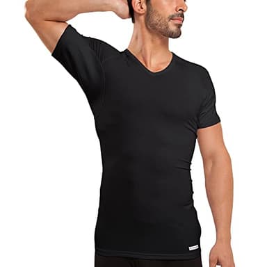 Ejis Men's Sweat Proof Undershirt, V Neck, Anti-Odor Silver, Micro Modal, Sweat Pads (Large, Black)