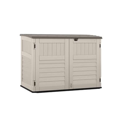 Suncast 5.9 ft. x 3.7 ft Horizontal Stow-Away Storage Shed - Natural Wood-Like Outdoor Storage for Trash Cans and Yard Tools - All-Weather Resin, Hinged Lid, Reinforced Floor - Made in The USA