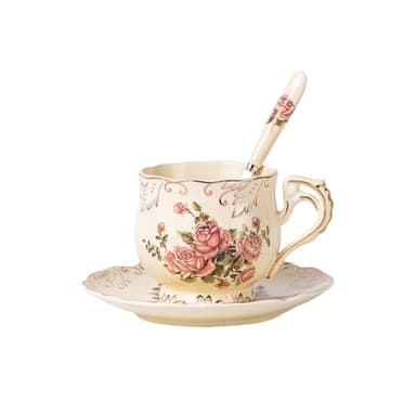 YOLIFE Tea Cup and Saucer Set, 8 oz Tea Cup Set, Teacup, Ceramic Tea Cup with Saucer Spoon, Ivory Vintage Pink Rose Floral with Gold Leaves Trim, Gifts for Women