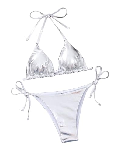 Falainetee Women's Metallic Shiny Bathing Suit High Waisted Triangle Tie Side Swimsuit Bikini Set Silver M