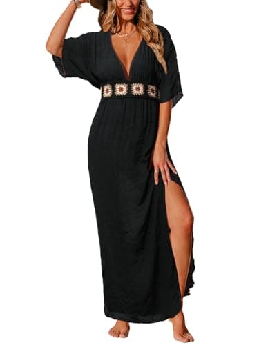 CUPSHE Women Swimsuit Coverup Deep V Neck Half Sleeve Maxi Coverup Dress Black, L
