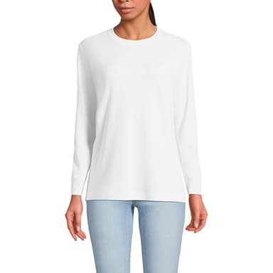 Lands' End Women's Cotton Relaxed Long Sleeve Crew Neck Medium White