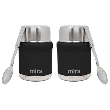 MIRA 2-Pack Food Thermo Set (15 oz) for hot and cold foods - Insulated Stainless Steel Containers with Spoons - 2 Set Black
