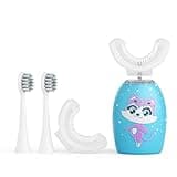 Rumengling Kids U Shaped Electric Toothbrush with 4 Brush Heads, Rechargeable Toothbrush Kids with 2 Modes, Cartoon Cat 360-Degree Cleaning IPX7 Waterproof Design (Ages 2-12)