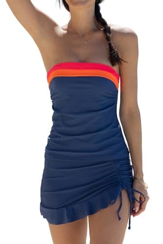 Beachsissi Bandeau Swimsuits for Women Strapless Swimwear Bathing Suits Tummy Control Color Block Tankini Skirt Sets, Navy, L