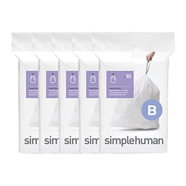 simplehuman Code B 150 Count, Dispenser Packs Custom Fit Liners, Drawstring Trash Bags, 6 Liter / 1.6 Gallon, White