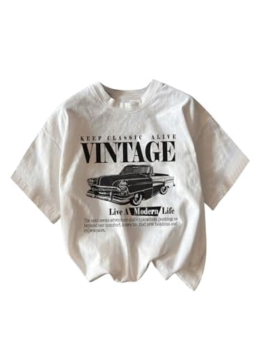RoseSeek Women's Graphic Letter Tee Crew Neck Drop Shoulder Trendy Summer T Shirt Short Sleeve Vintage Car Print Top White Medium