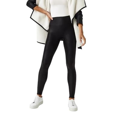 SPANX SPANXshape Faux Leather Fleece Lined Leggings - Tummy Control - with Contoured Power Waistband - High Waist - Black - Petite - Small