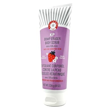 First Aid Beauty - KP Bump Eraser Body Scrub with 10% AHA, Keratosis Pilaris Exfoliator with Glycolic and Lactic acids, Helps Reduce Chicken Skin Bumps, Safe for Sensitive Skin, Strawberry Scent, 8 oz
