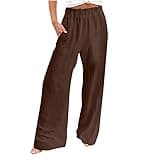 Womens Pants Elastic Waist Casual Summer High Waisted Linen Wide Leg Pant Loose Long Lounge Trousers with Pockets