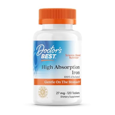 Doctor's Best High Absorption Iron Tablet with Ferrochel, Gentle on The Stomach, Immune Health, Blood Health, 27 mg