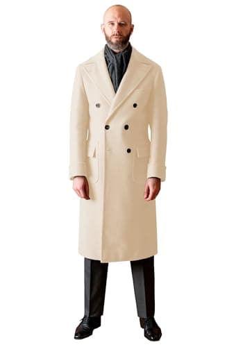 JBAWIE Men's Long Overcoat Cream Cashmere Trench Coat Double Breasted Pea Top Jacket with Pocket Outdoor Wear Coat in Winter Size 58