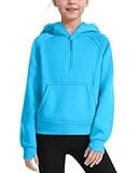 JOCMIC Girls Hoodies Half Zip Cropped Fleece Sweatshirts with Thumb Hole Kids Fall Winter Preppy Clothes Blue 5-6 Years