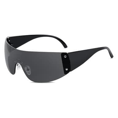 Lystaii Oversized Wrap Around Sunglasses Trendy Futuristic Cyberpunk Rimless Glasses Y2K Fashion Visor for Women Men Rave Party(Black)