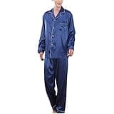 Wowcarbazole Men's silk Satin Pajamas Set Long/short Sleeve Button-Down Sleepwear with front pocket(Blue-M)