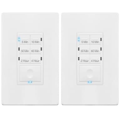 ENERLITES 4-Hour Countdown Timer Switch, 5-10-30-60 Min, 2-4 Hour, for Bathroom Fans, Lights, 120VAC Neutral Wire Required, UL Listed, HET06-W-2PCS, White, 2 Pack