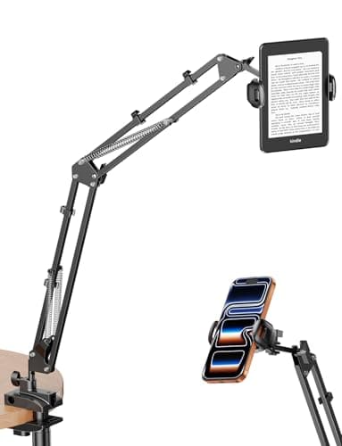 Tryone Gooseneck Kindle & Phone Holder for Bed Bedroom, Office, Kitchen or Sofa. 360 Rotating Arm with Stable Base Fits Phones and E-Readers Metal 4 Joints Hands-Free Arm Fits 4.7-8.6in -Black 31.5in