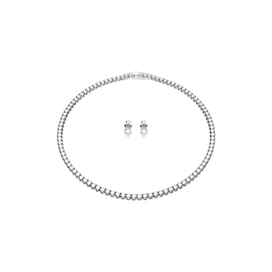 Swarovski Matrix Tennis Jewelry Set, All-Round Necklace and Pierced Stud Earrings with Clear Crystals on a Rhodium Finished Setting, Part of the Matrix Tennis Collection