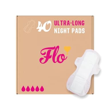 Flo Ultra Long Night Menstrual Pads, 40 Count - Heavy Flow Absorbency, 3D Leak Barrier, Bamboo Rayon, Plant-Based, Vegan, Cruelty-Free