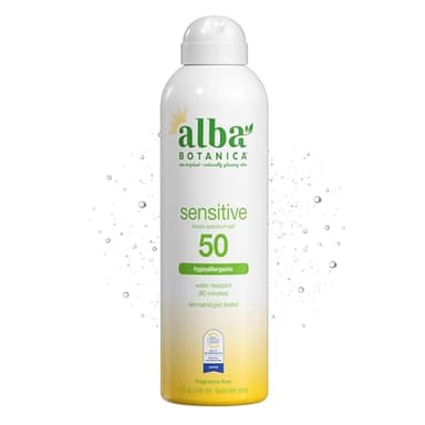 Alba Botanica Sensitive Sunscreen Spray for Face and Body, Fragrance-Free, Broad Spectrum SPF 50, Water Resistant, 5 fl. oz. Bottle