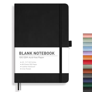 RETTACY Blank Journal Notebook, 192 Pages, A5 Medium Size (5.7'' x 8.3''), Leather Hardcover, 100 GSM Thick Paper, for Sketching, Drawing, Painting (Black)