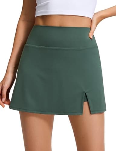 CRZ YOGA High Rise Front Slit Golf Skirts for Women - Mini A-line Tennis Casual Skort with Built-in Shorts Pockets Dark Forest Green Small