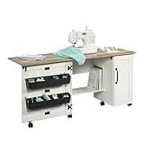 Sauder Miscellaneous Storage Sewing Cart, Drop-Leaf Craft Table, Sewing Table with Storage - Soft White Finish