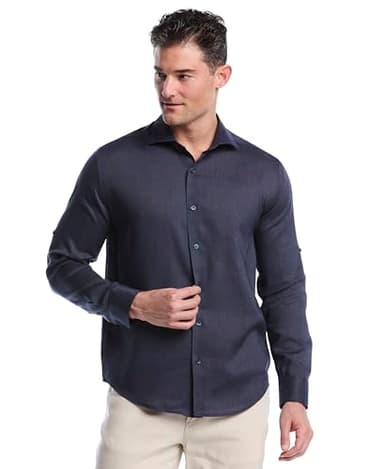 Cubavera Men's Cubavera Men's Travelselect™ Linen-Blend Long Sleeve Button-Down Shirt, Classic Fit, Wrinkle Resistant, Mood Indigo, XX-Large