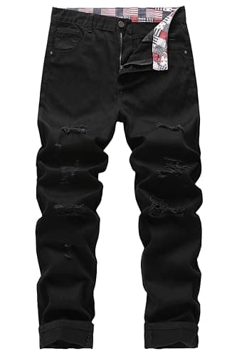 MZNBURAM Men's Non-Stretch Regular Fit Straight-Leg Denim Pants Jeans (32, Black Ripped)