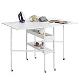 MELLCOM Height Adjustable Craft Table with Storage Shelves, Mobile Folding Cutting Table for Large Fabric, Foldable Sewing Desk for Home Office Sewing Room Craft Room