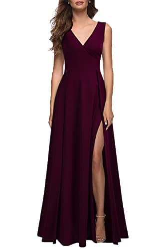 MUSHARE Women's V Neck Sleeveless Split Formal Dress Cocktail Party Prom Long Dresses Burgundy