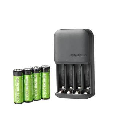 Amazon Basics 4-Bay Battery Charger for AA & AAA Rechargeable Batteries with Pre-Charged AA NiMh Batteries, LED Operation, Type A (American) Plug, 4 Count, Black