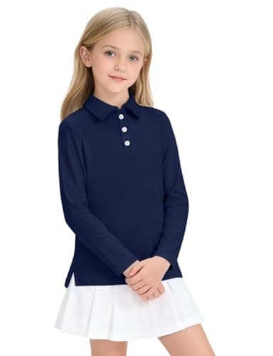 NUMYEAN Girls Uniform Shirts Long Sleeve Polo Shirt for Girls School Uniform Shirts Size Navy 9-10 Y